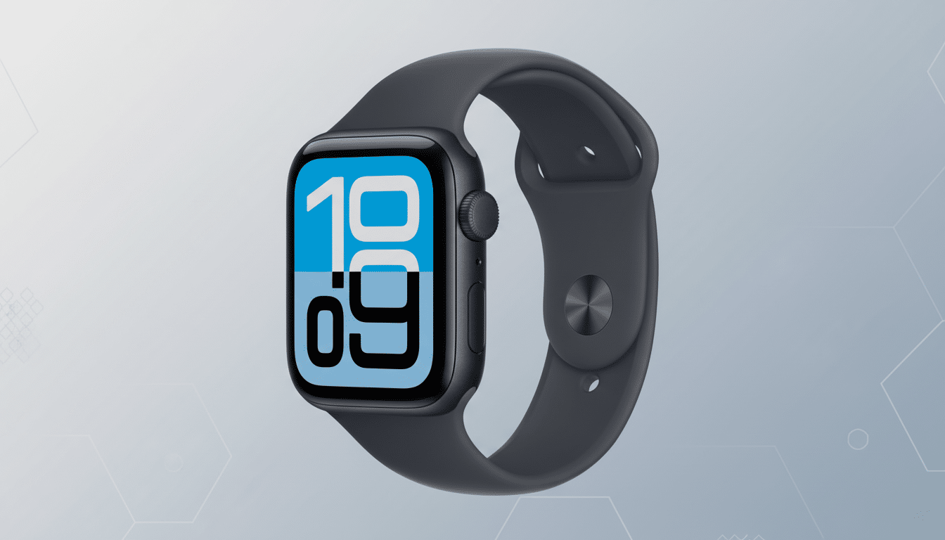 A dark gray Apple Watch with a blue and white digital display showing 10:09 is centered on a light gray background with subtle geometric patterns.
