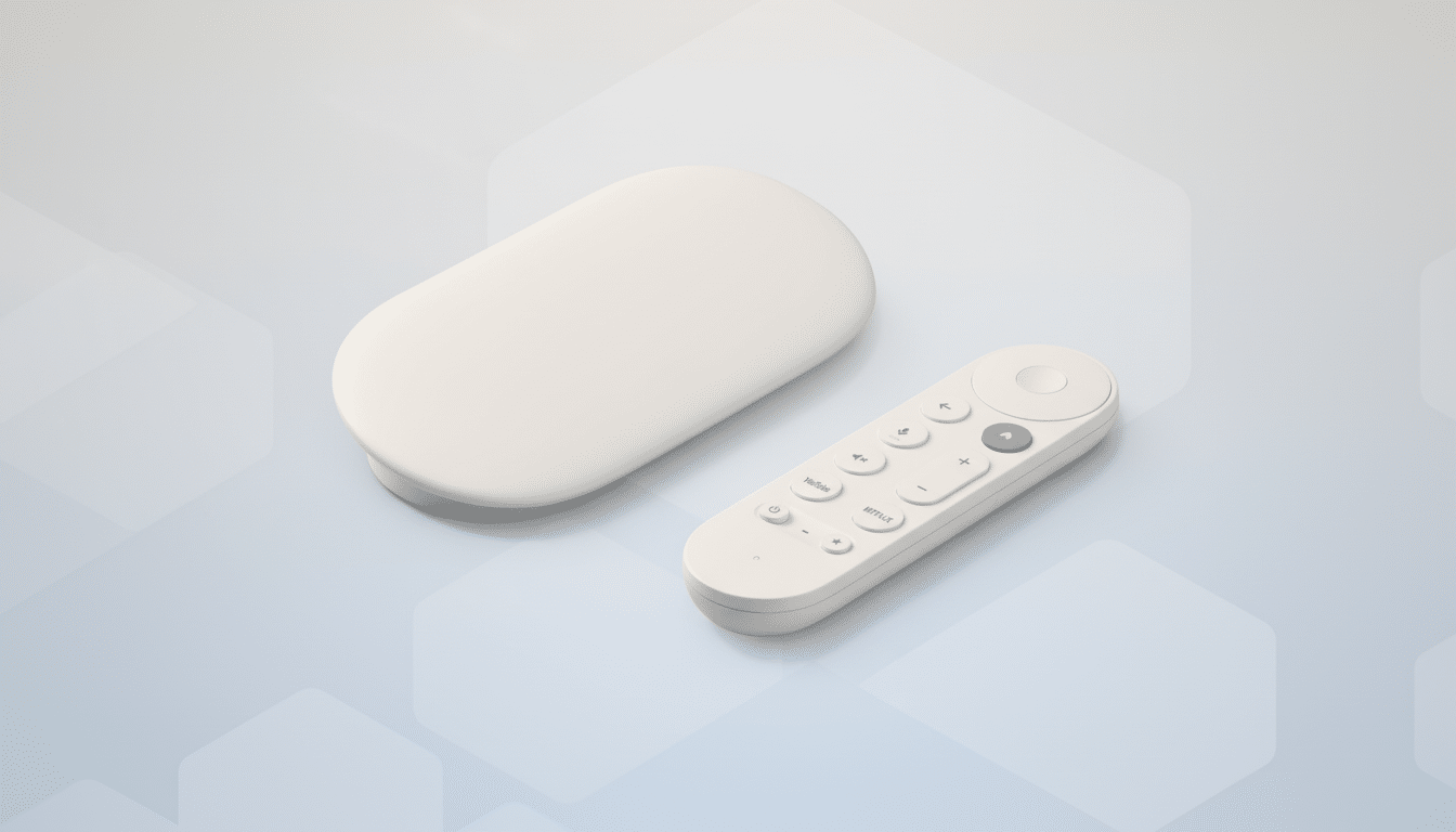 A white, oval-shaped streaming device and its matching remote control are displayed on a light blue background with subtle geometric patterns.