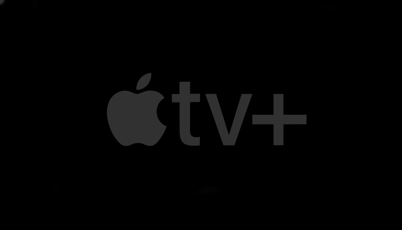 The Apple TV+ logo, featuring a dark gray Apple icon followed by tv+ in a matching dark gray font, all set against a solid black background. The image has been resized to a 16:9 aspect ratio.