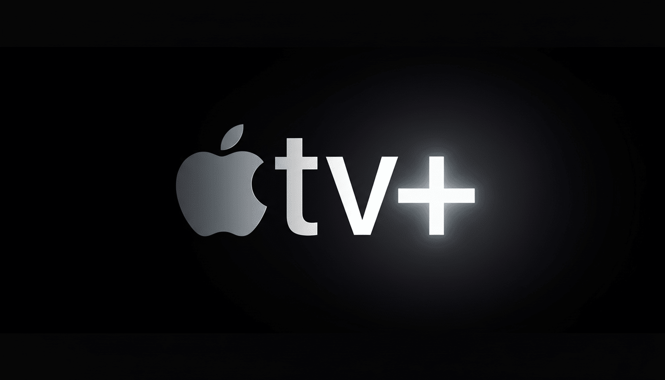 The Apple TV+ logo, featuring a silver Apple icon and the text tv+ in white, set against a black background.