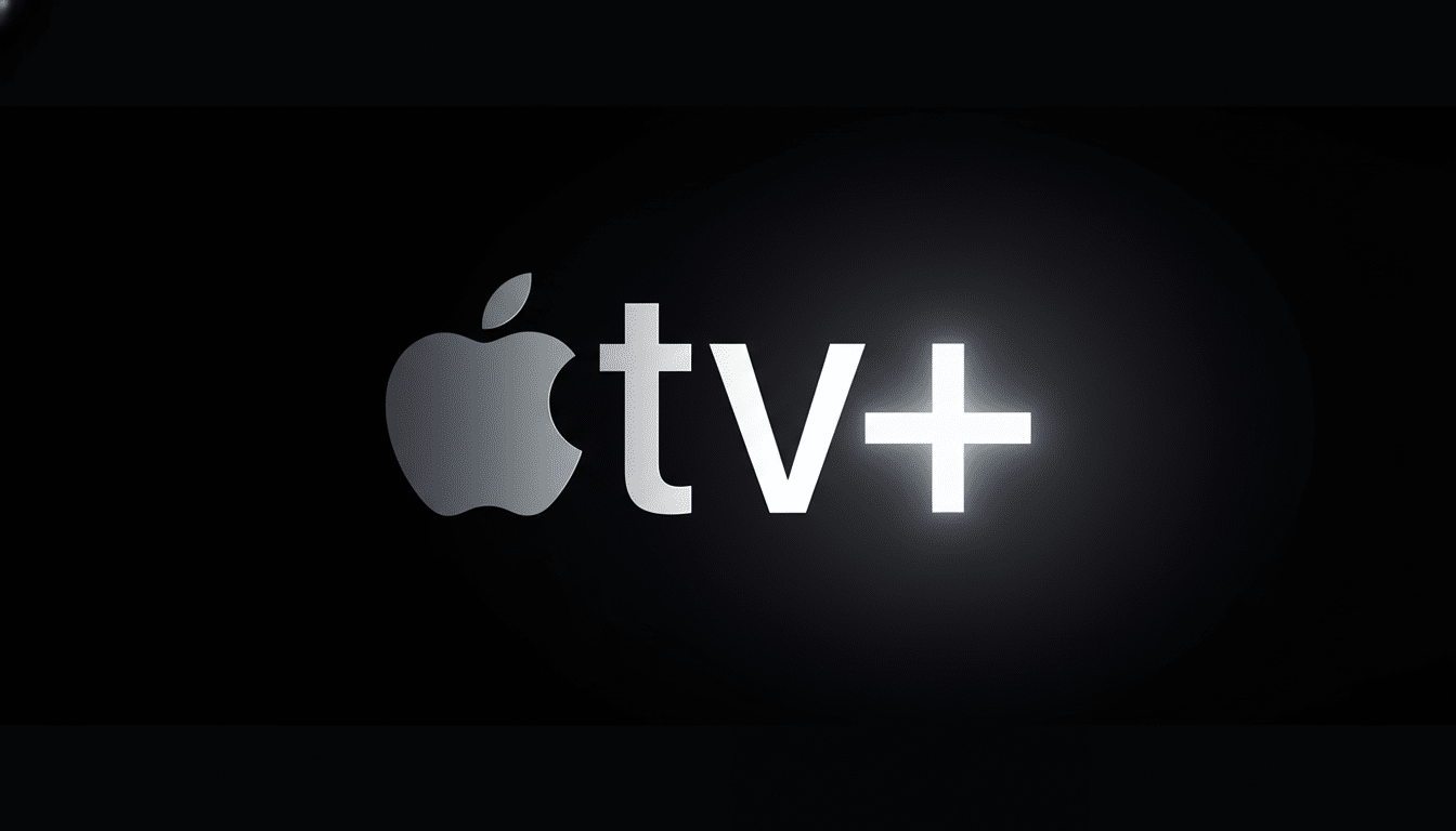 The Apple TV+ logo, featuring a silver Apple icon and the text tv+ in white, set against a black background.