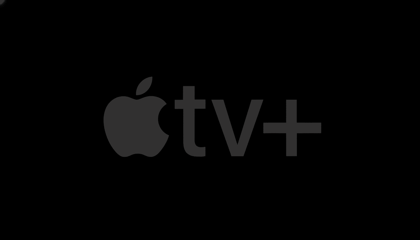 The Apple TV+ logo, featuring a dark gray Apple icon followed by tv+ in a matching dark gray font, all set against a black background.