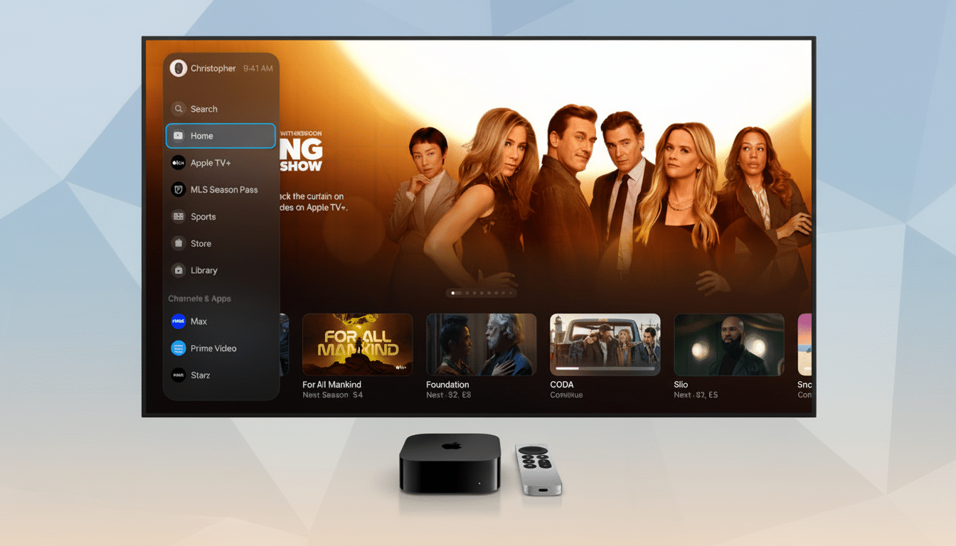 An Apple TV 4K device and remote control are displayed in the foreground, with a television screen showing the Apple TV+ interface in the background. The screen displays various shows and a navigation menu. The background has been updated to a professional flat design with soft patterns and gradients.