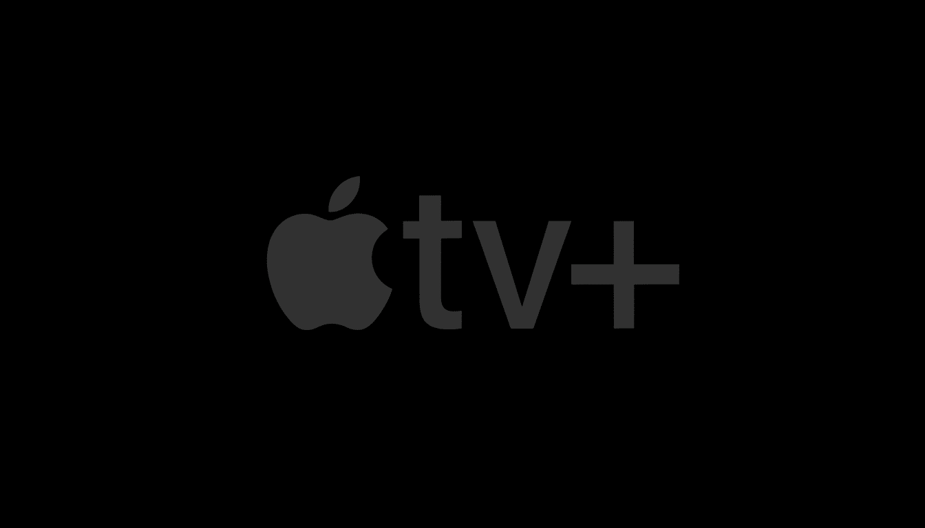 The Apple TV+ logo, featuring a dark gray Apple icon followed by tv+ in a matching dark gray font, all set against a solid black background.