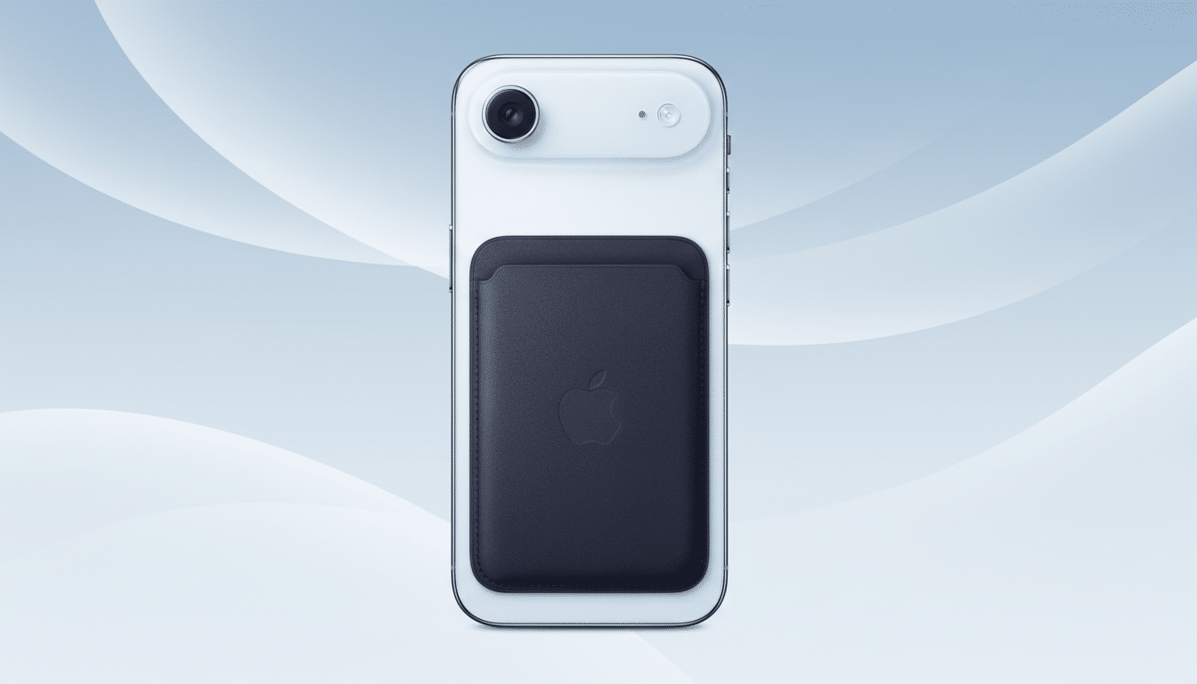 A white iPhone with a dark blue MagSafe wallet attached to its back, presented on a professional light blue background with subtle white wave patterns.