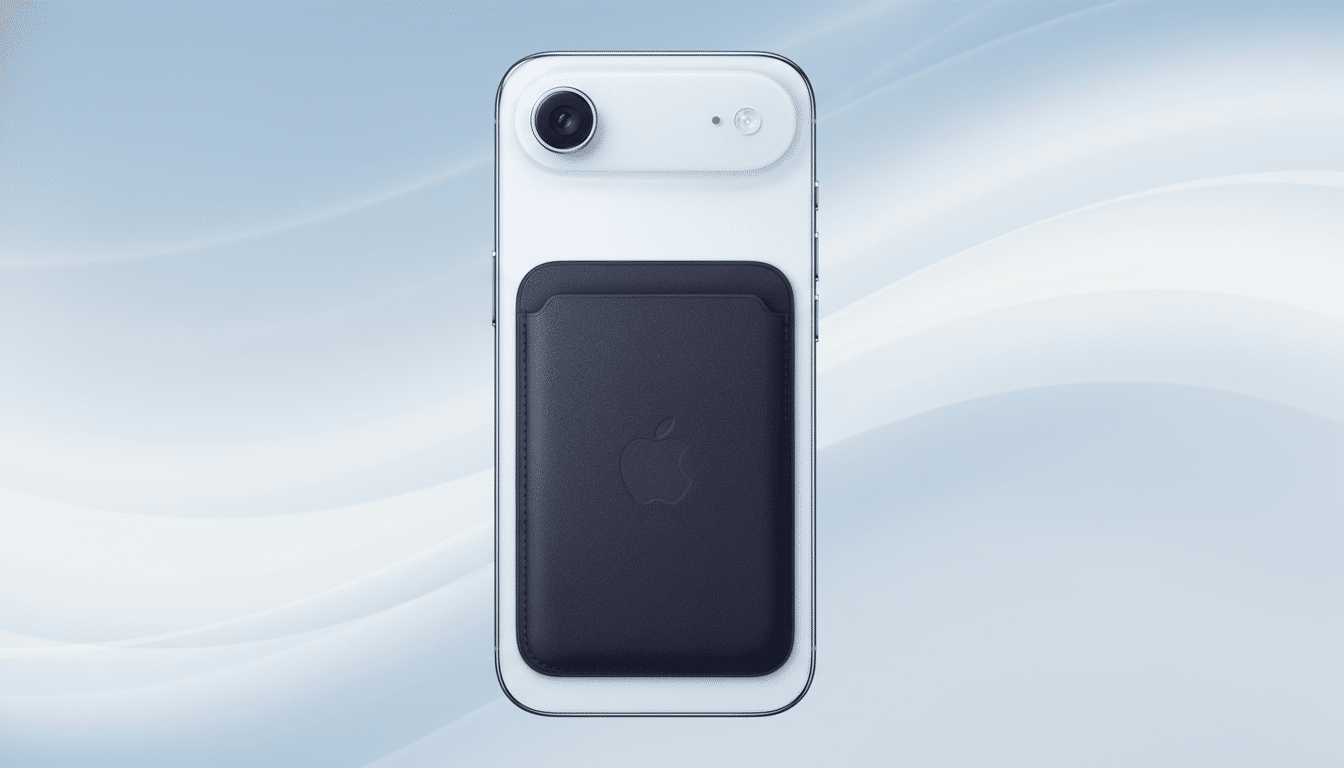 A white iPhone with a dark blue MagSafe wallet attached to its back, presented on a professional light blue background with subtle wave patterns.