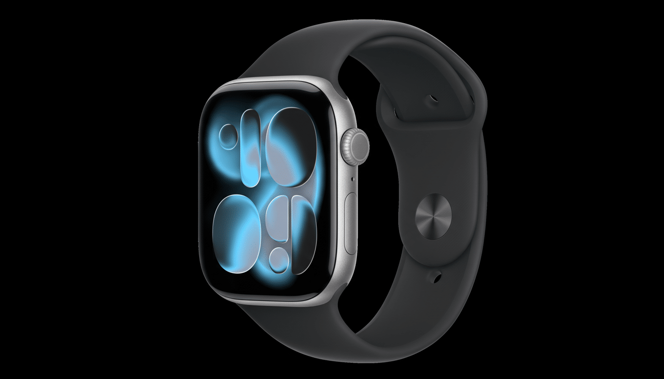 A silver Apple Watch with a black band, displaying a blue and black watch face, is shown against a black background.