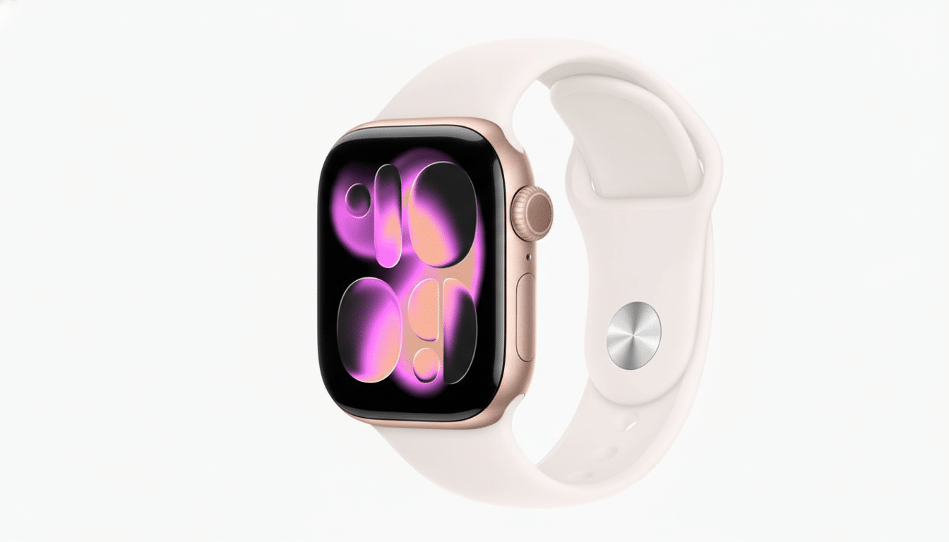 A gold Apple Watch with a white band, displaying a colorful watch face, against a clean white background.