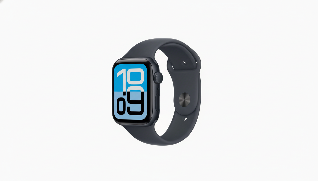 A dark gray Apple Watch with a blue and white watch face displaying 10:09 is centered on a clean white background.
