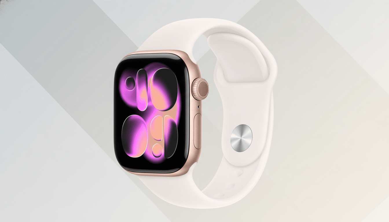 A gold Apple Watch with a white band, displaying a vibrant pink and orange watch face, set against a professional flat design background with soft gray and white patterns.