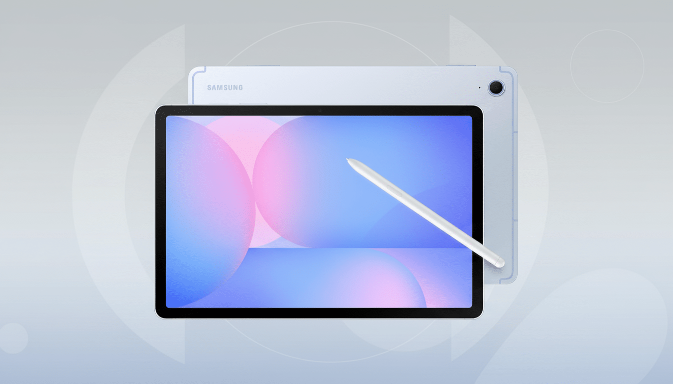 A Samsung tablet and S Pen are displayed against a professional flat design background with soft patterns and gradients.