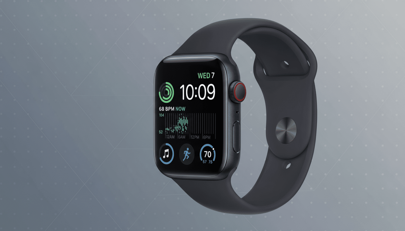 A dark blue Apple Watch SE with a matching sport band, displaying the time 10:09, heart rate, and activity rings, set against a professional flat design background with soft patterns.
