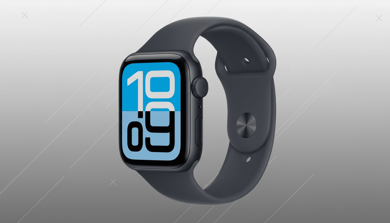 A dark gray Apple Watch with a blue and white display showing 10:09 on a professional gray background with subtle geometric patterns.