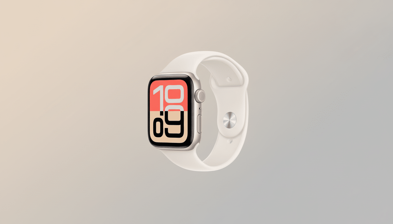 An Apple Watch SE with a gold aluminum case and a starlight sport band, displaying the time 10:09 on a split red and beige watch face, presented on a professional gradient background.