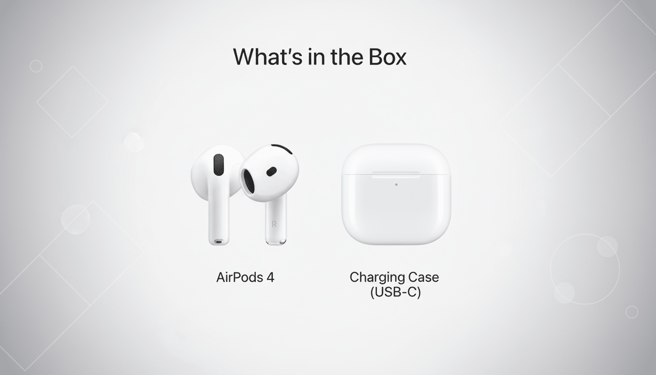 A 16:9 aspect ratio image showing Whats in the Box with AirPods 4 and a Charging Case (USB-C) on a professional flat design background with soft patterns.