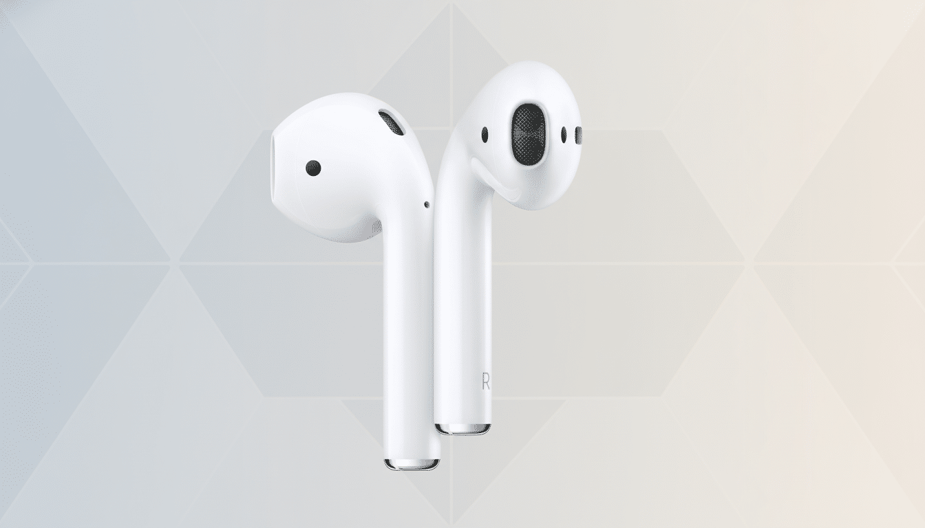 A pair of white Apple AirPods on a professional flat design background with soft geometric patterns and a subtle gradient from light blue to peach.