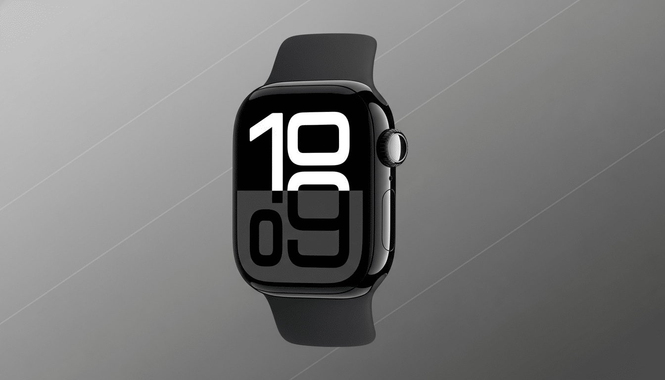 A black Apple Watch with a digital display showing 19 09 on a professional gray background with subtle diagonal lines.