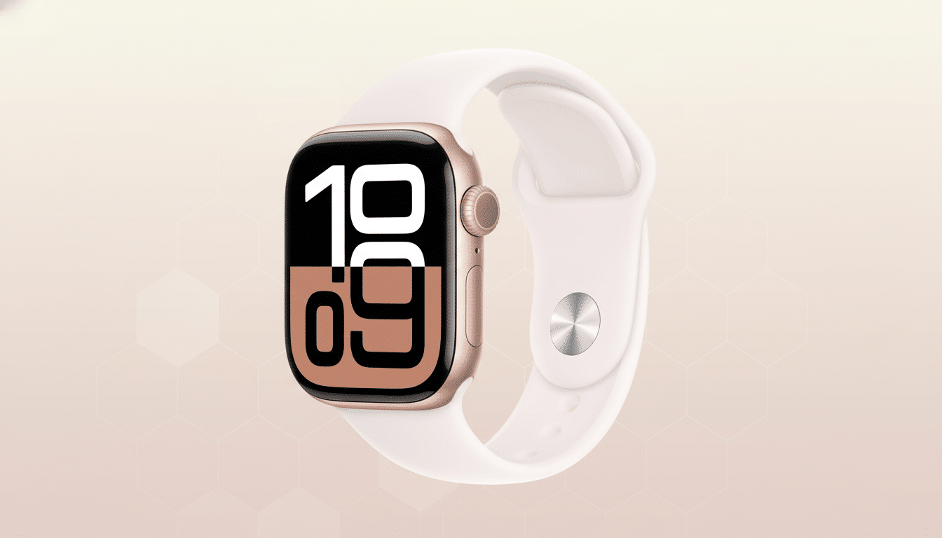 A rose gold Apple Watch with a white band, displaying 10:09 on its screen, set against a professional light pink gradient background with subtle hexagonal patterns.