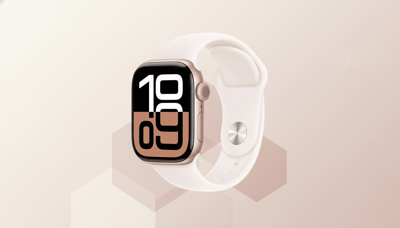 A gold Apple Watch with a white band is centered on a professional flat design background with soft, light pink and beige geometric patterns and gradients.