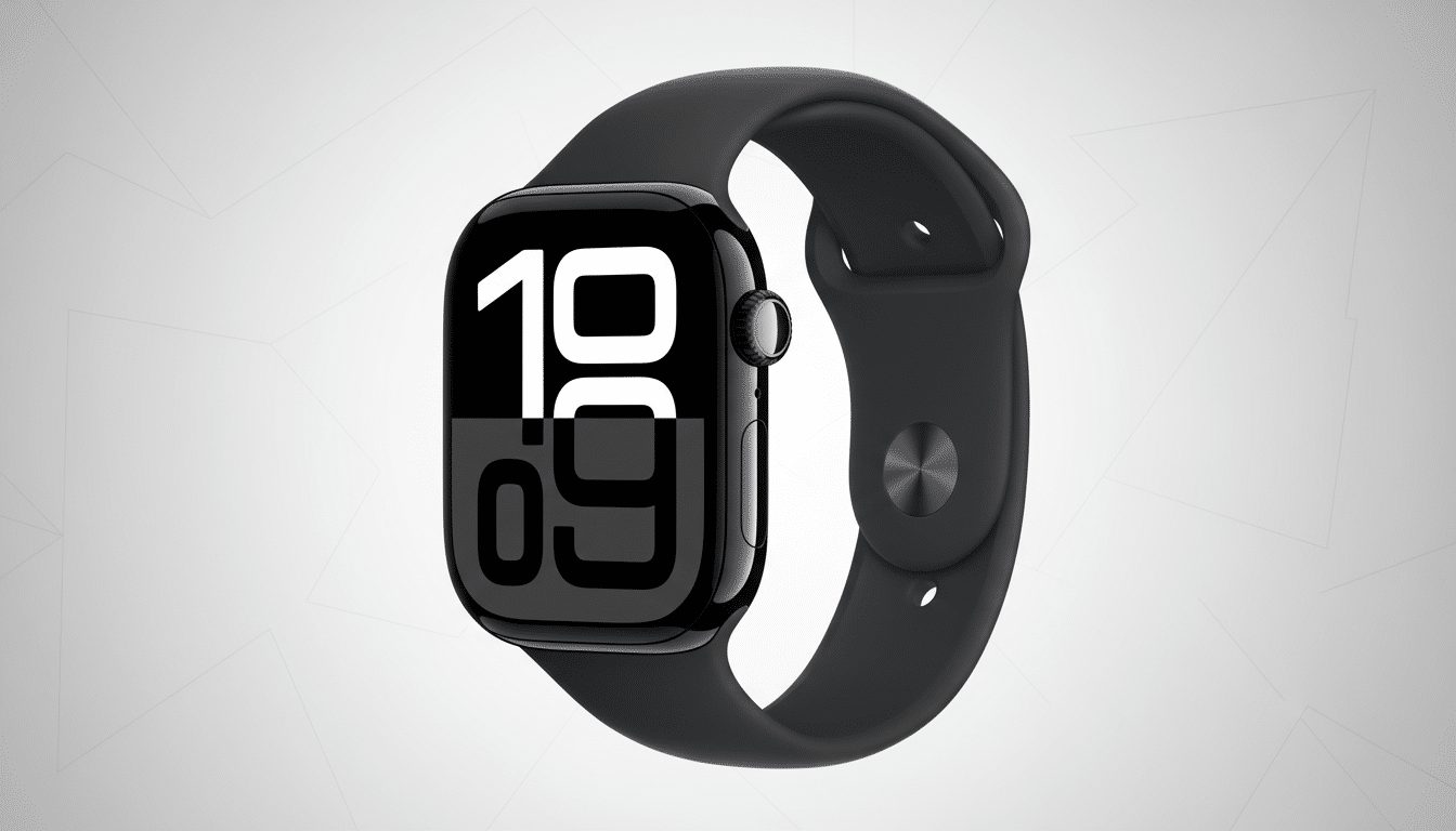 A black Apple Watch with a black sport band, displaying 10:09 on its screen, set against a professional light gray background with subtle geometric patterns.
