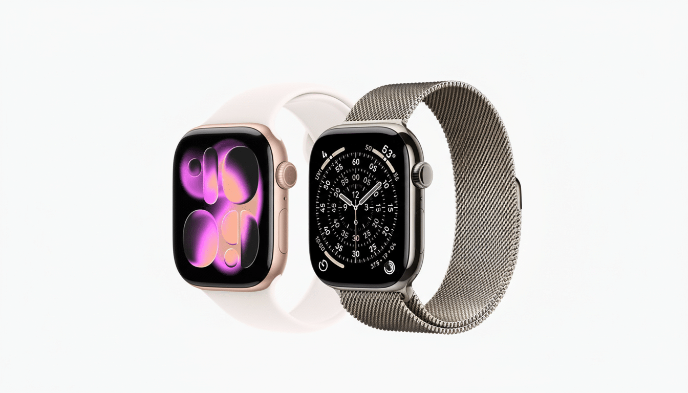 Two Apple Watches, one with a pink band and the other with a metallic mesh band, are displayed on a white background.