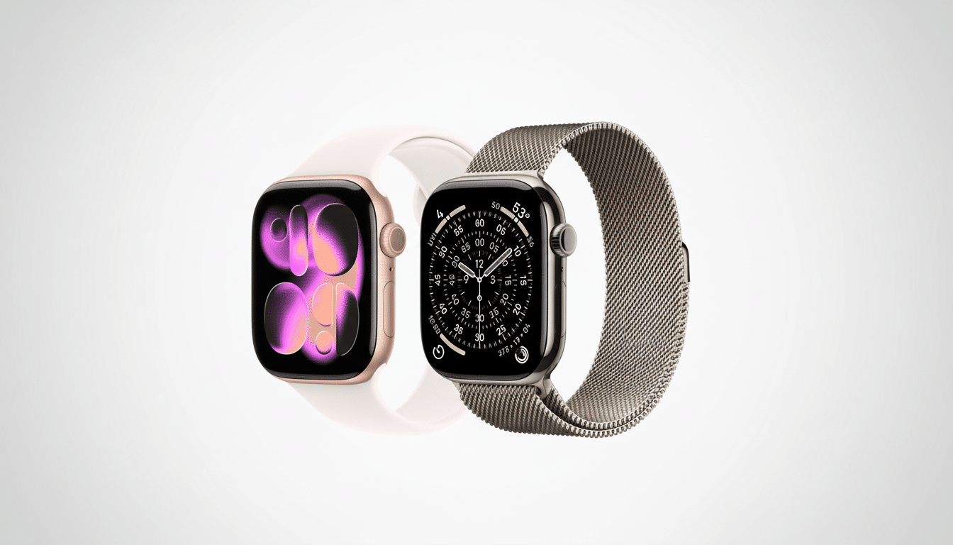 Two Apple Watches, one with a pink band and the other with a metallic mesh band, are displayed on a white background.