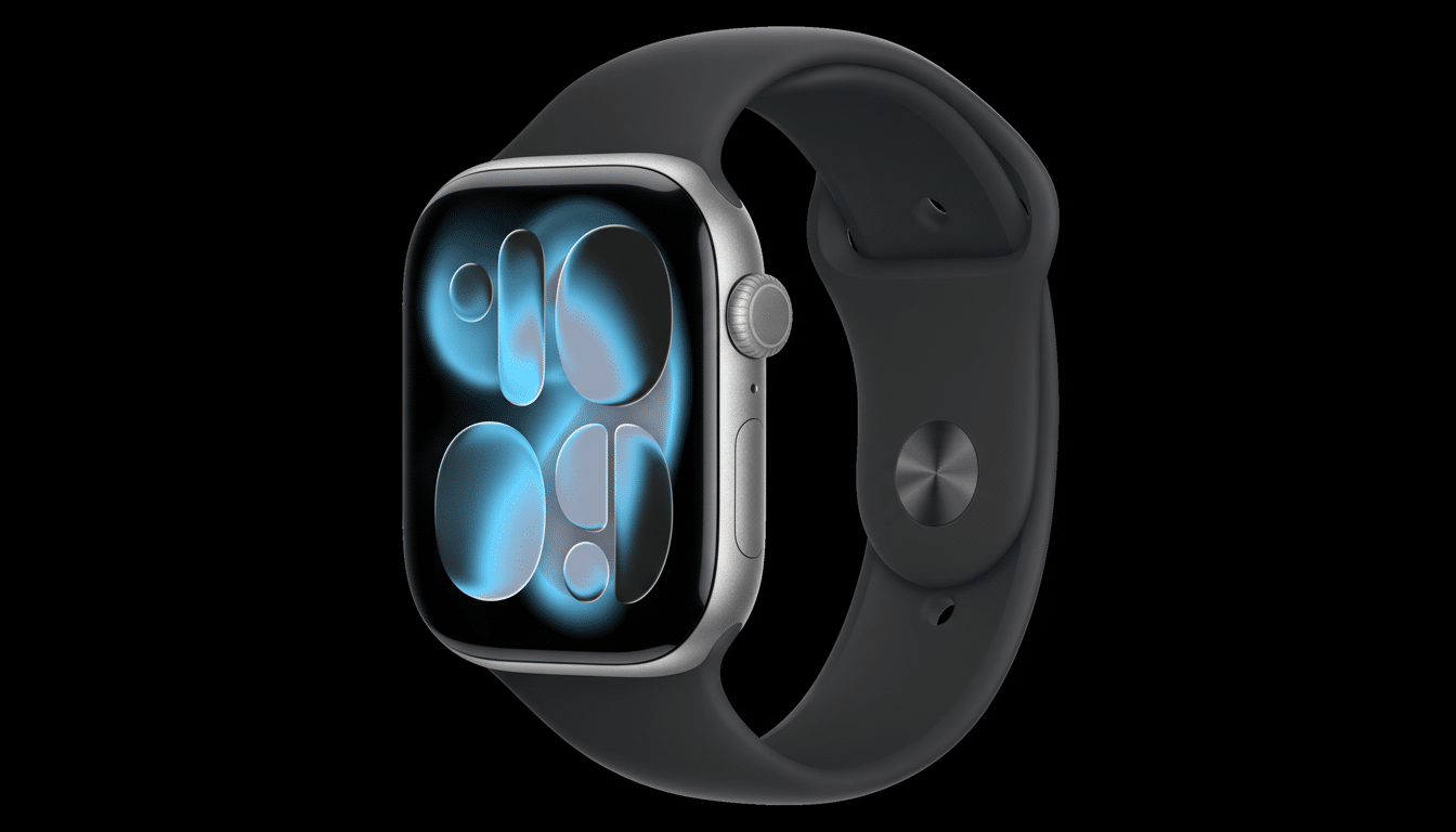 A silver Apple Watch with a black band, displaying a blue and black watch face, is shown against a black background.