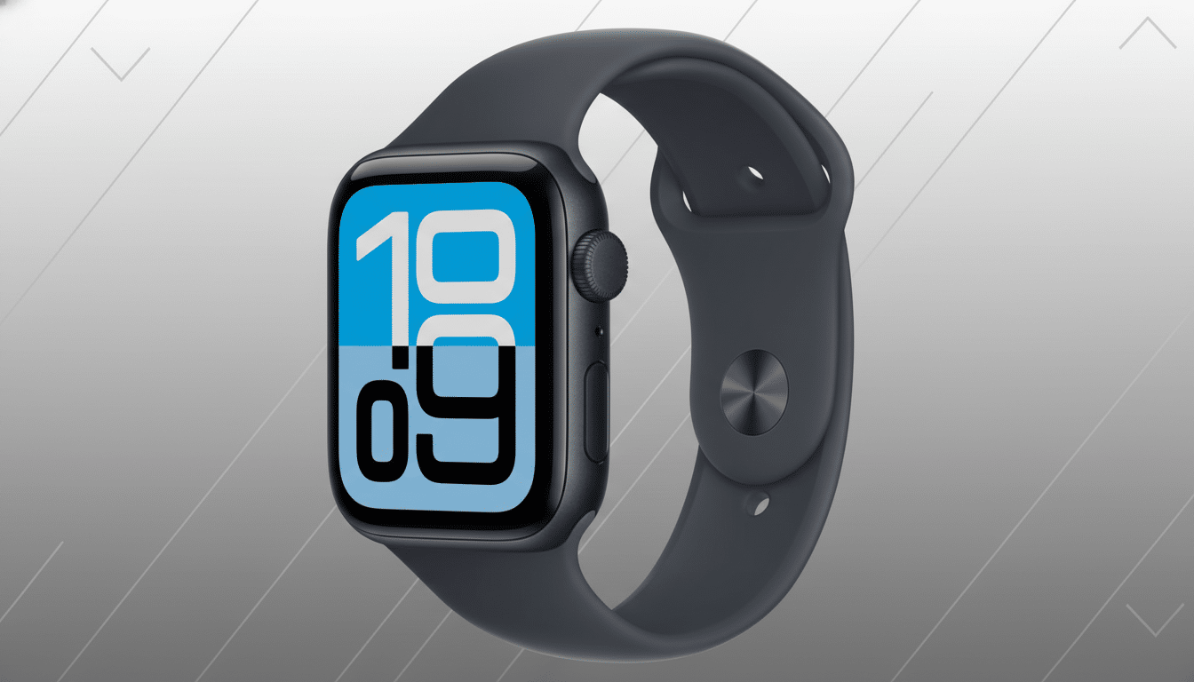A dark gray Apple Watch with a blue and black watch face displaying 19:09 on a professional gray background with subtle geometric patterns.