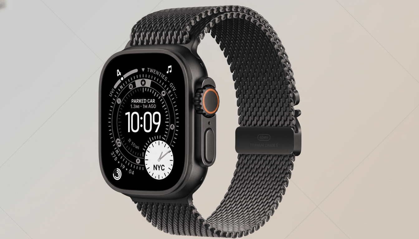 A black Apple Watch Ultra with a dark gray Milanese loop band, displayed on a professional background with a subtle gradient.