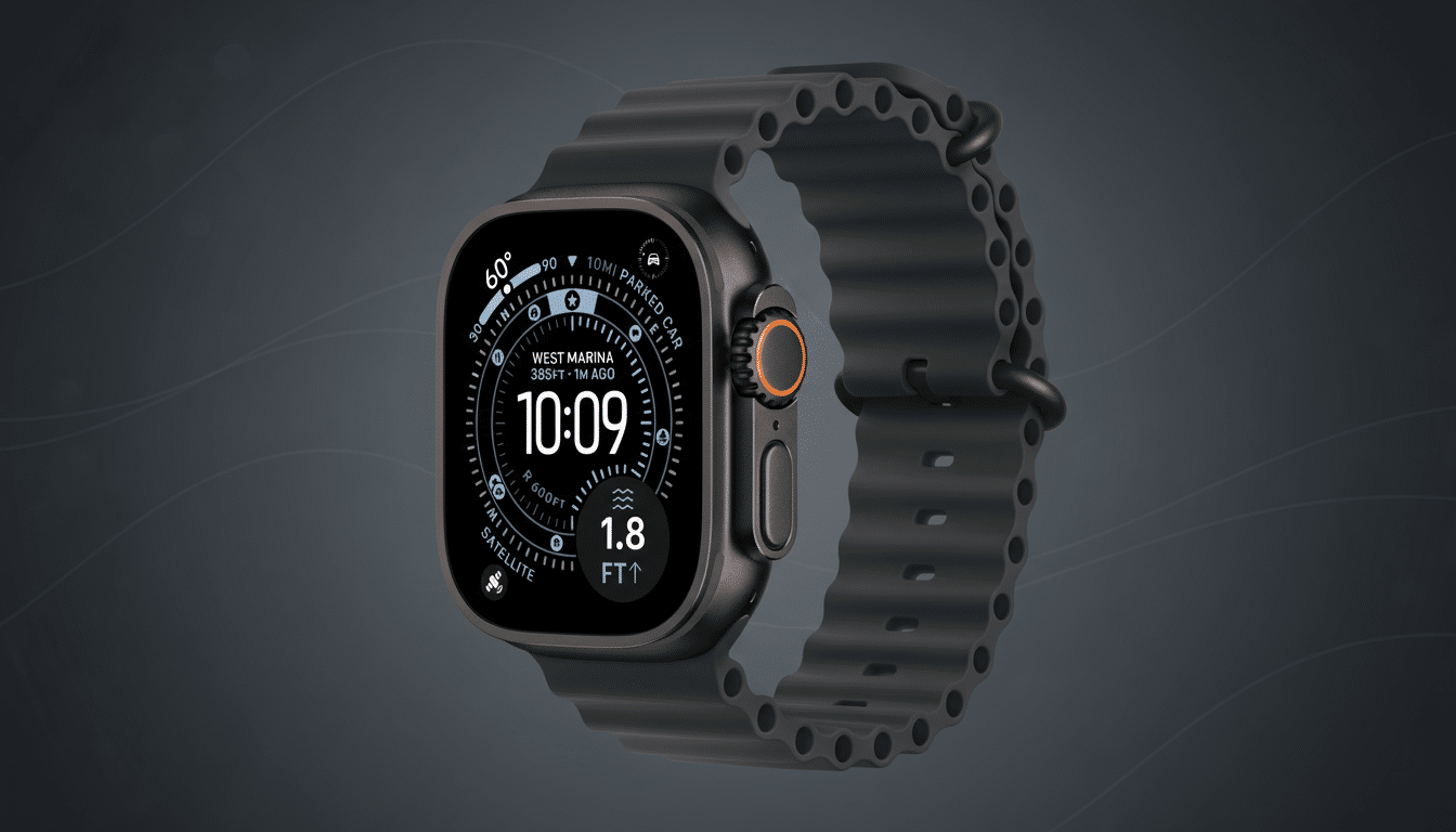 A dark gray Apple Watch Ultra with a black wavy band is displayed against a professional dark gray background with subtle wave patterns. The watch face shows a compass, time (10:09), location (West Marina), and depth (1.8 FT).