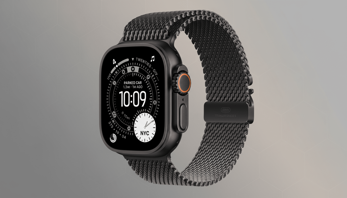 A black Apple Watch Ultra with a Milanese loop band, displaying the time 10:09 and various complications, set against a professional gradient background.