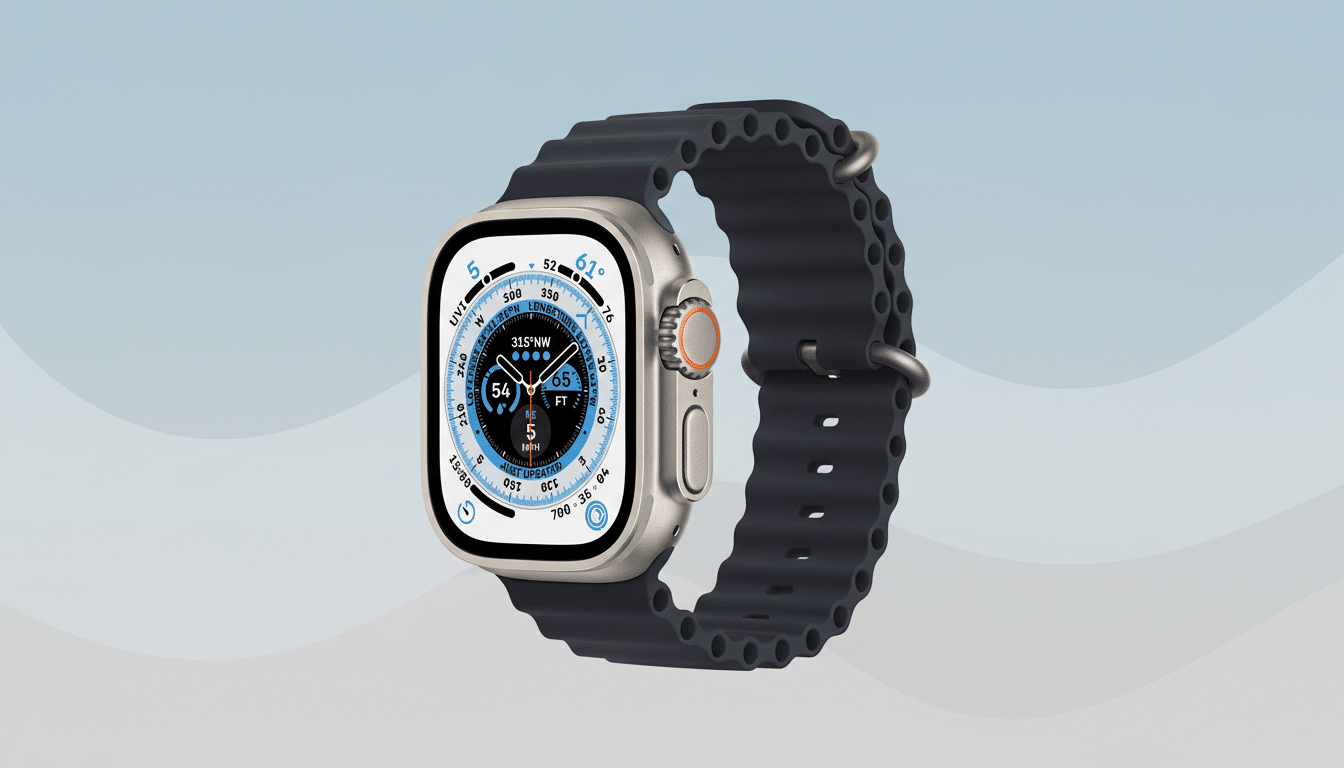 An Apple Watch Ultra with a dark blue band is presented against a professional flat design background with soft patterns and gradients.
