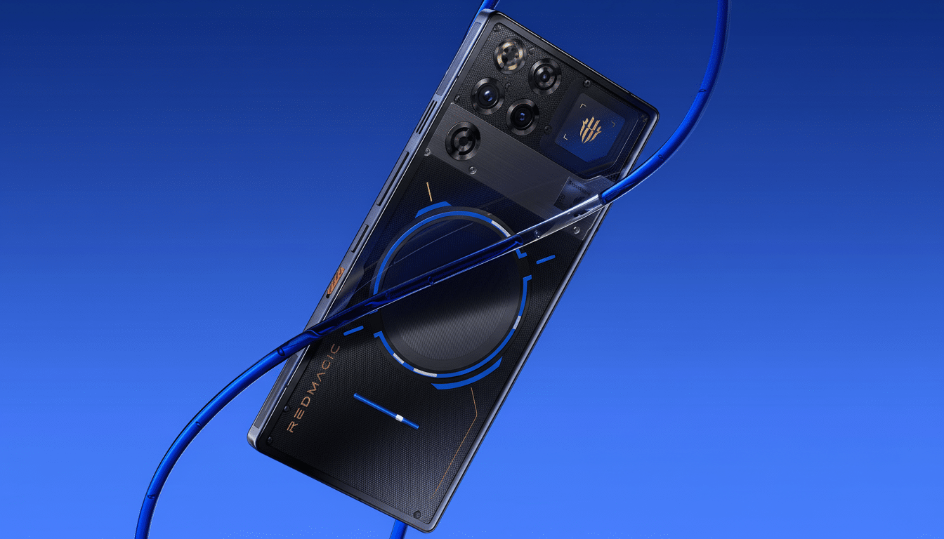 A professional, enhanced image of a black RedMagic smartphone with blue accents, set against a solid blue background, resized to a 16:9 aspect ratio.