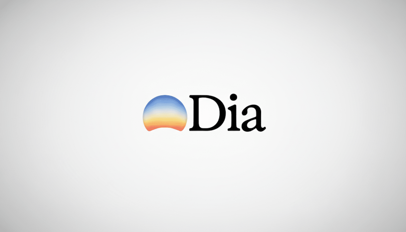 The Dia logo, featuring a stylized sun icon with a blue and orange gradient, next to the word Dia in black text, presented on a clean, professional light gray background with a subtle gradient.