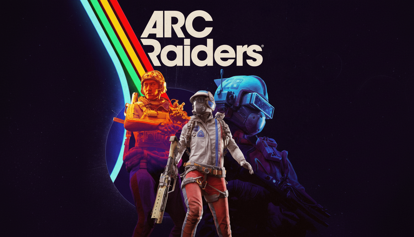 The Arc Raiders game logo and three characters are displayed on a dark background with a colorful, curved stripe.