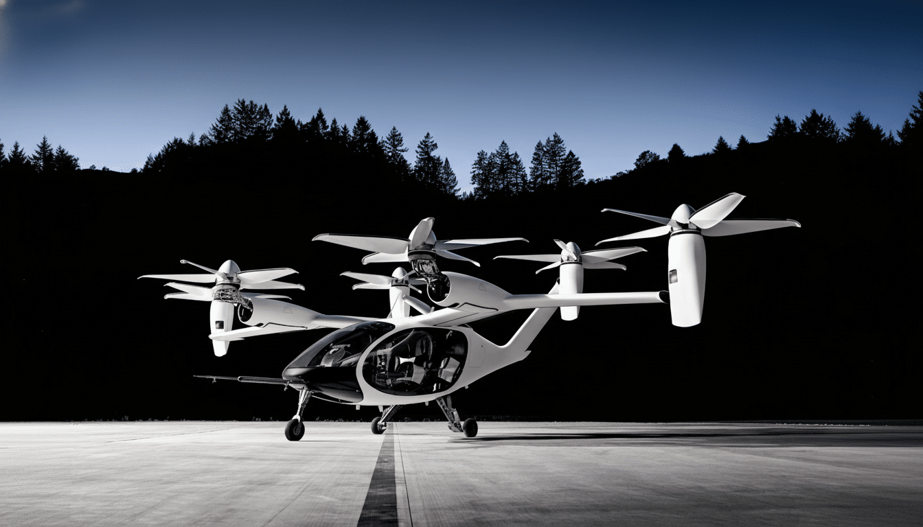 A white electric vertical takeoff and landing (eVTOL) aircraft with multiple propellers, parked on an asphalt surface with a dark treeline and a clear sky in the background.