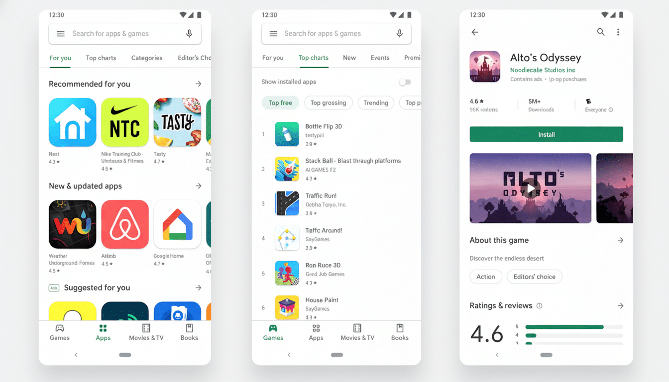 A 16:9 aspect ratio image showing three screenshots of the Google Play Store interface. The first screenshot shows recommended apps, the second shows top charts, and the third shows the app page for Altos Odyssey.