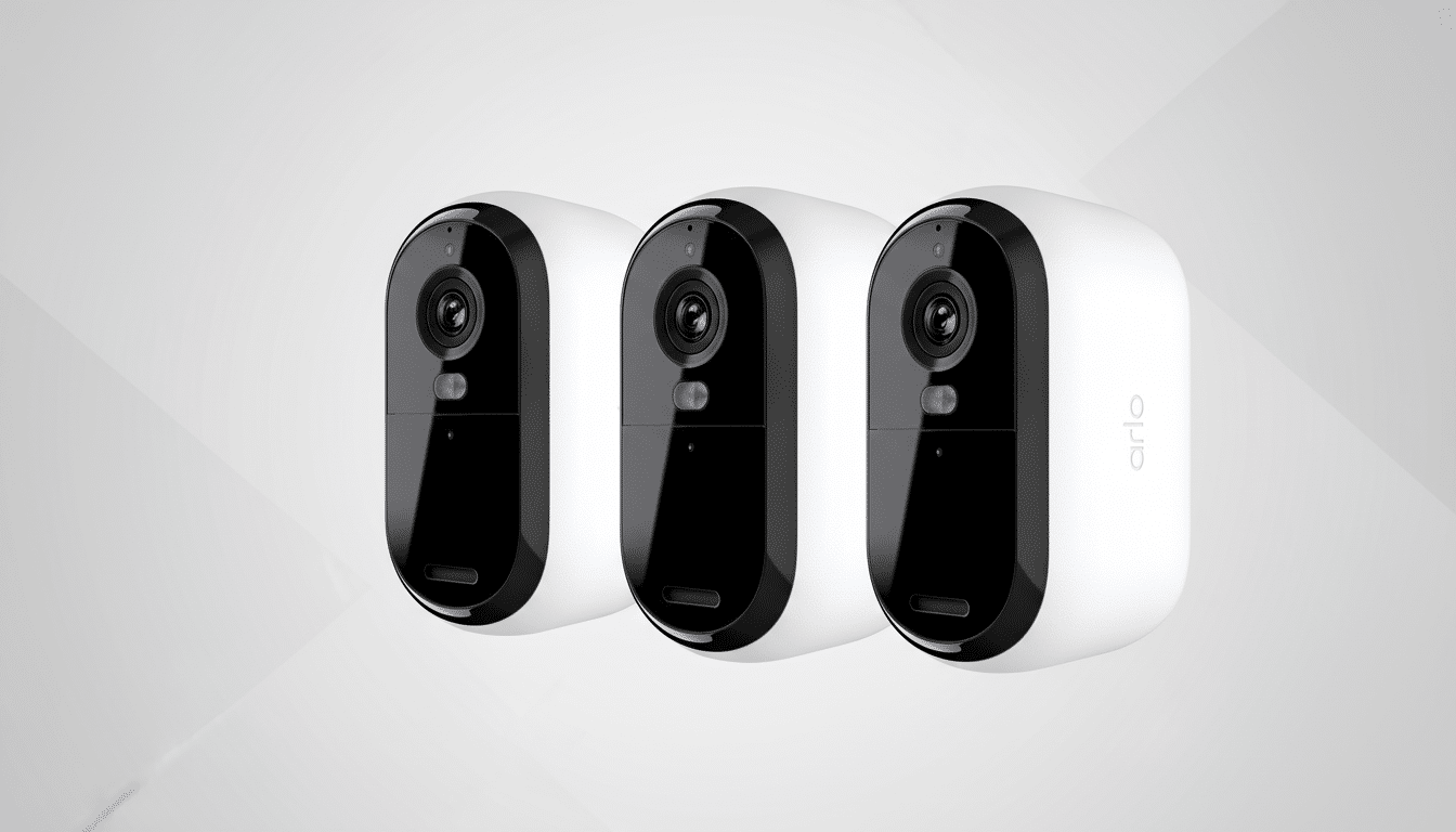 Three white and black Arlo security cameras are arranged in a row against a professional light gray background with subtle geometric patterns.