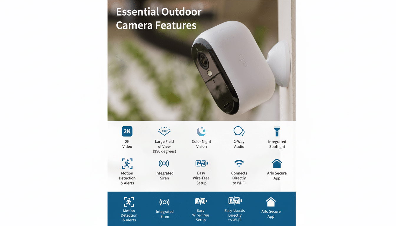 A white Arlo outdoor security camera mounted on a wall, with Essential Outdoor Camera Features text above it. Below the camera are icons and text describing its features: 2K Video, Large Field of View (130 degrees), Color Night Vision, 2-Way Audio, Integrated Spotlight, Motion Detection & Alerts, Integrated Siren, Easy Wire-Free Setup, Connects Directly to Wi-Fi, and Arlo Secure App.