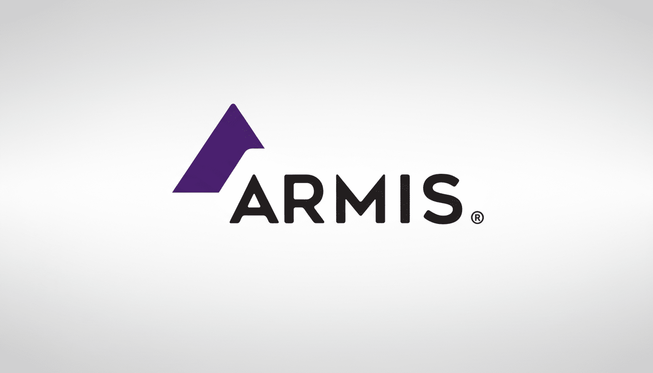 The Armis logo, featuring a purple triangular icon and the word ARMIS in black, centered on a professional flat design background with a soft gray gradient.
