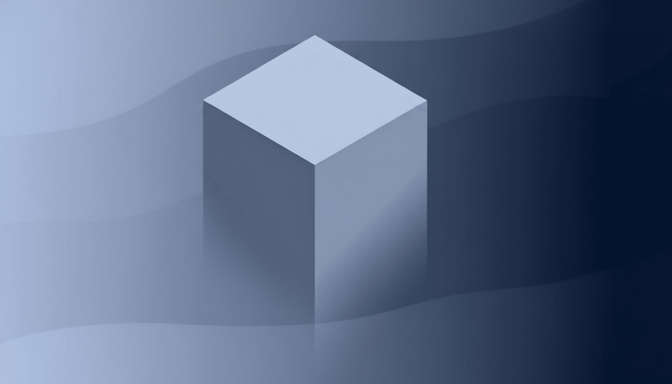 A light gray 3D cube stands upright on a dark blue background with subtle, wavy patterns and a gradient effect.