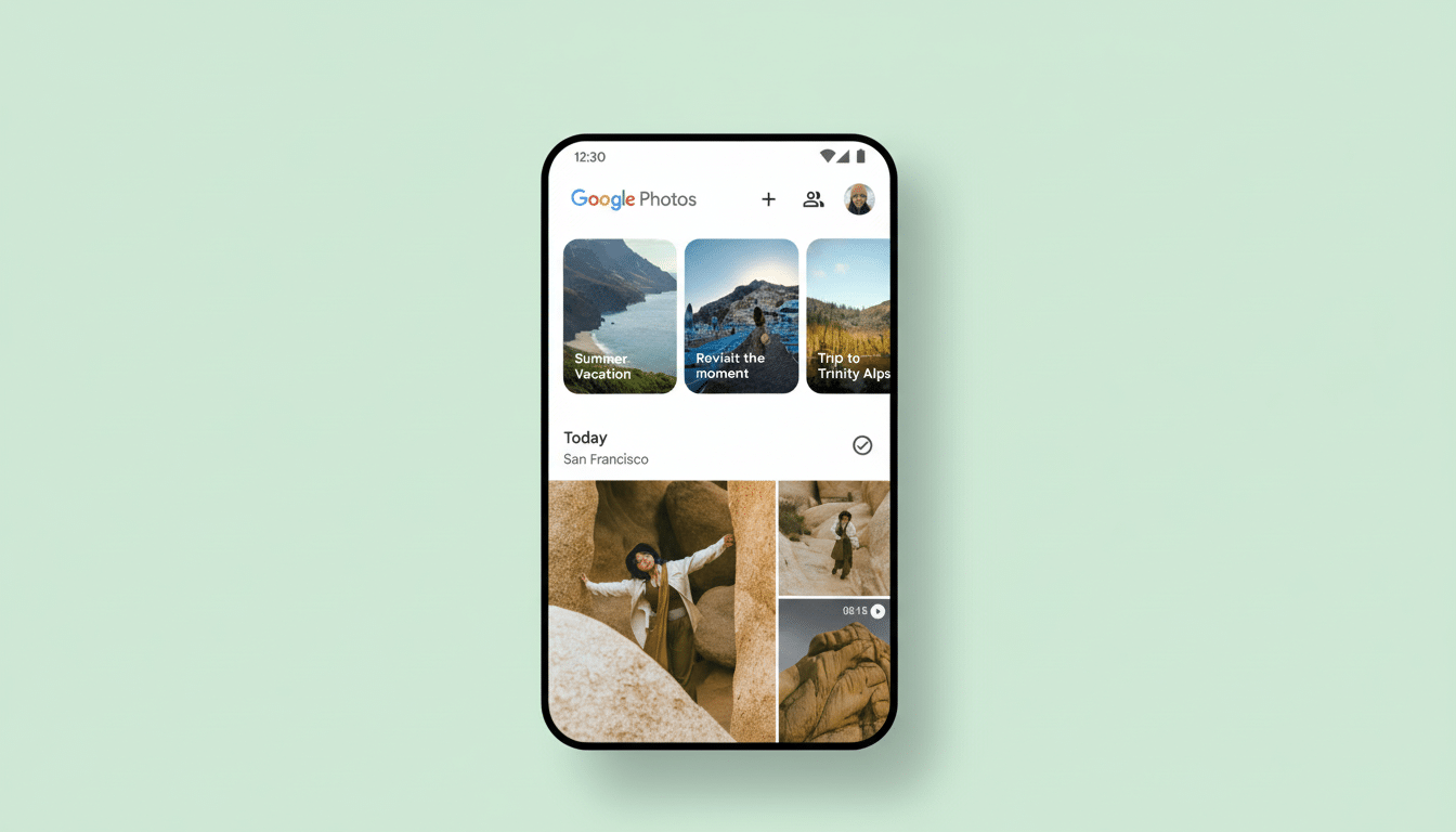 A smartphone displaying the Google Photos app interface, showcasing various photo albums and a Today section with images of a person in a rocky landscape. The phone is centered on a light green background.