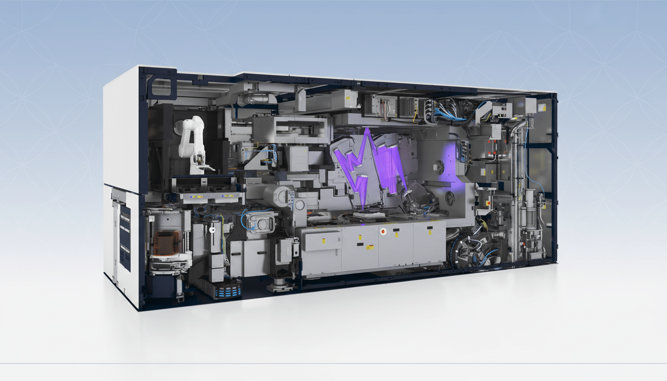 A large, complex piece of industrial machinery with its side panel removed, revealing intricate internal components, robotic arms, and glowing purple lights, set against a professional light blue gradient background with subtle geometric patterns.