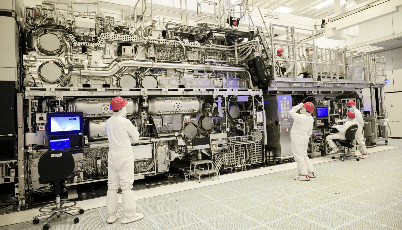 A group of engineers in cleanroom suits working around a large, complex ASML lithography machine in a sterile manufacturing environment.