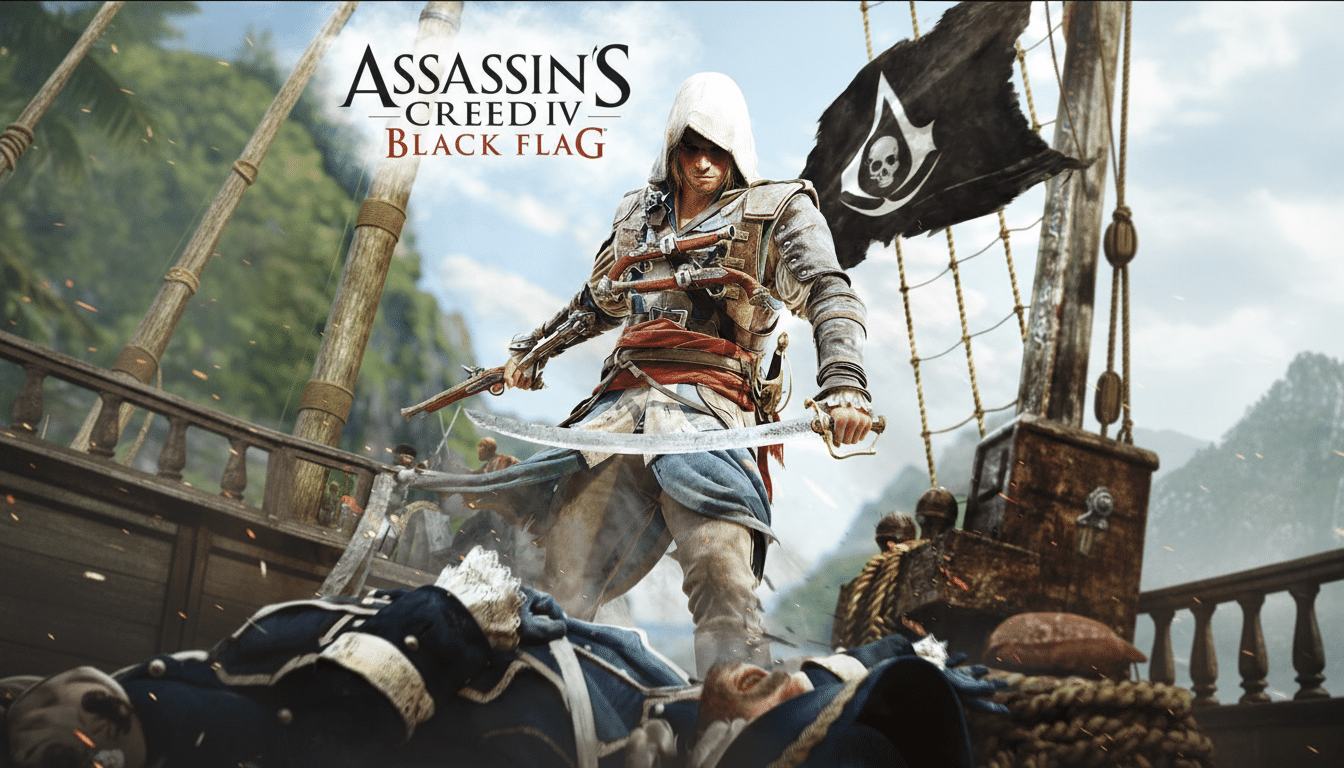 The Assassins Creed IV: Black Flag game cover, featuring the protagonist Edward Kenway standing on a ship deck over fallen enemies, with a pirate flag and tropical background, resized to a 16:9 aspect ratio.