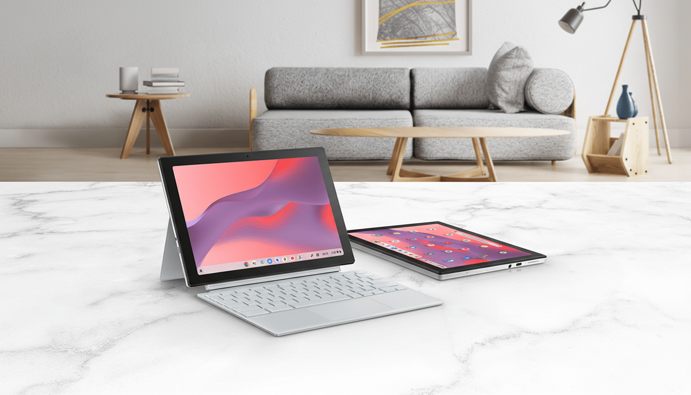 A professional image of two Google Pixel Slate devices on a marble surface, with a modern living room in the background.