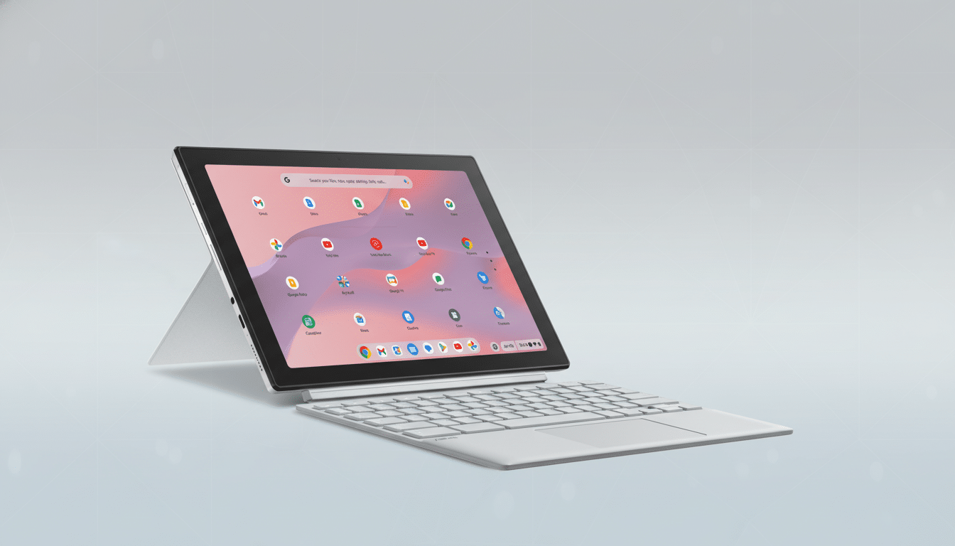 A white tablet with a detachable keyboard, displaying a colorful app interface, set against a professional light gray background with subtle geometric patterns.