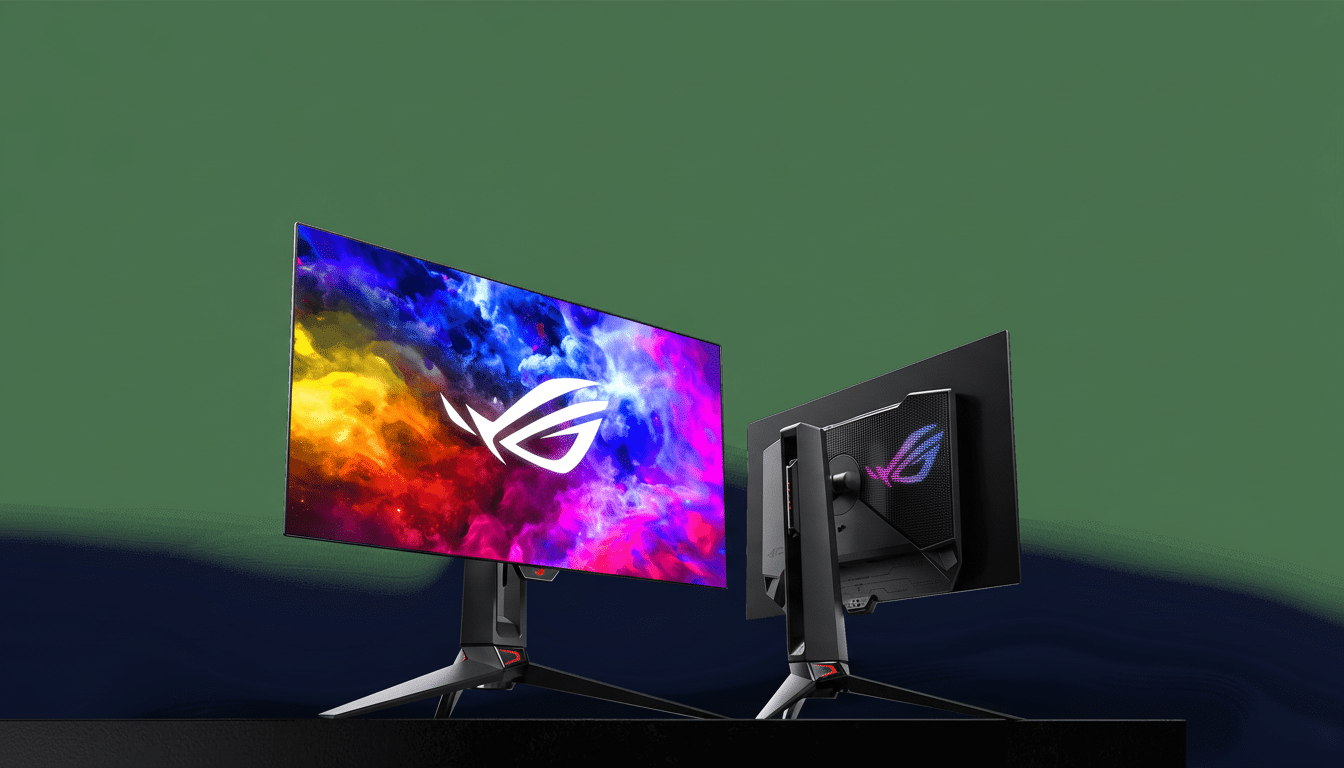 Two ROG gaming monitors are displayed, one facing forward with a colorful, abstract image on its screen, and the other turned to show its back panel with the ROG logo illuminated.