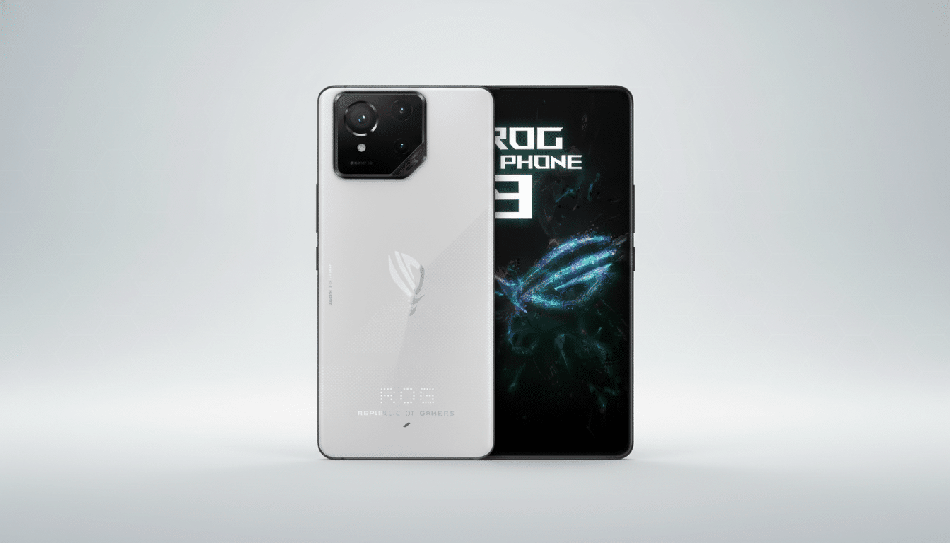 A white ROG Phone 8 and its screen are displayed on a light gray background.