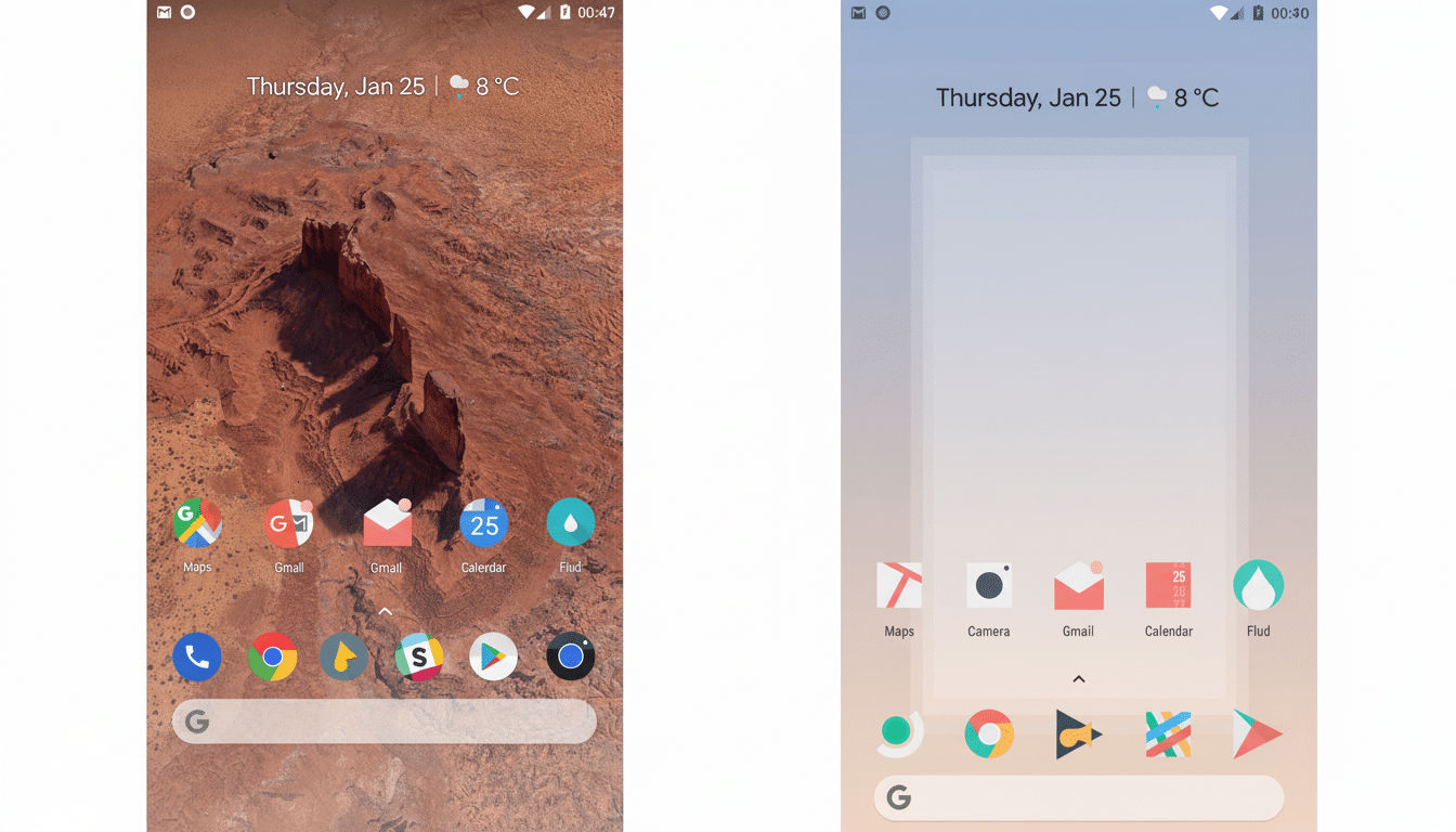 Two mobile phone screens are displayed side-by-side. The left screen shows a desert landscape background with app icons for Google Maps, Gmail, Calendar, Flud, and other apps. The right screen has a light blue and white gradient background with similar app icons. Both screens show the date Thursday, Jan 25 and the temperature 8 °C at the top.